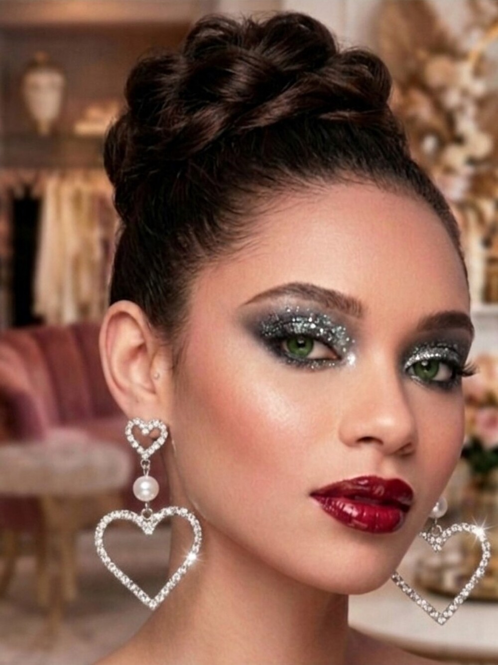 Taramanda Silver Crystal & Pearl Heart Drop Earrings